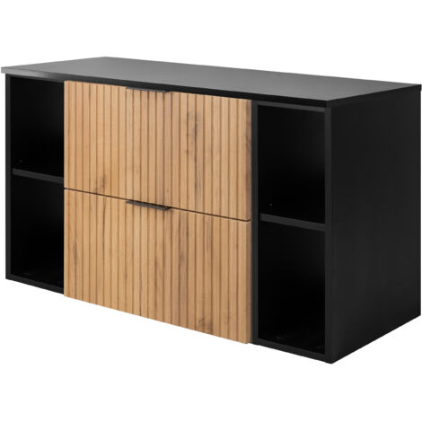 Furnidea - Meuble sous vasque FLOW CHÊNE 100 cm avec 2 x l'étagères - extensions et plan NOIR - 2 tiroirs - façades rainurées