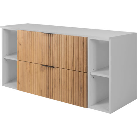 Furnidea - Meuble sous vasque FLOW CHÊNE 120 cm avec 2 x l'étagères - extensions et plan BLANC - 2 tiroirs - façades rainurées