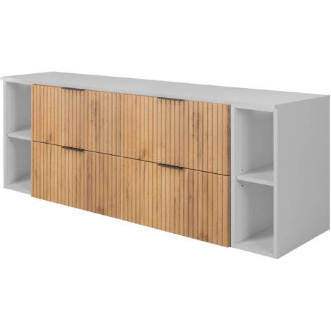 Furnidea - Meuble sous vasque FLOW CHÊNE 160 cm avec 2 x l'étagères - extensions et plan BLANC - 4 tiroirs - façades rainurées