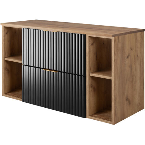 Furnidea - Meuble sous vasque FLOW NOIR 100 cm avec 2 x l'étagères - extensions et plan CHÊNE - 2 tiroirs - façades rainurées