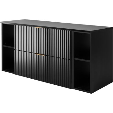 Furnidea - Meuble sous vasque FLOW NOIR 120 cm avec 2 x l'étagères - extensions et plan - 2 tiroirs - façades rainurées