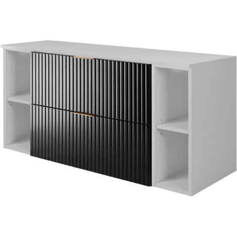 Furnidea - Meuble sous vasque FLOW NOIR 120 cm avec 2 x l'étagères - extensions et plan BLANC - 2 tiroirs - façades rainurées