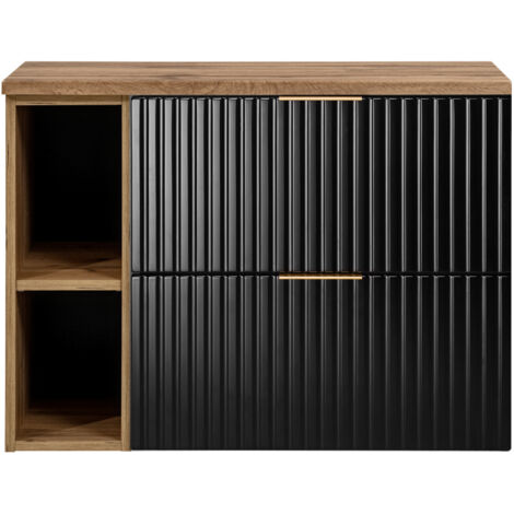 Furnidea - Meuble sous vasque FLOW NOIR 80 cm avec l'étagère - extension et plan chêne - 2 tiroirs - façades rainurées