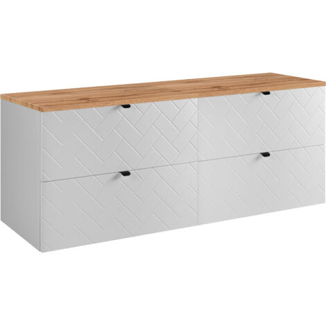 Furnidea - Meuble sous vasque MADIS BLANC 160 cm avec le plan CHÊNE - 4 tiroirs, façades motif chevron, design moderne