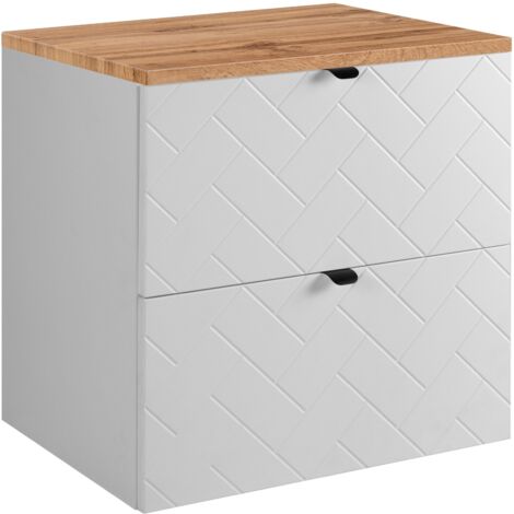 Furnidea - Meuble sous vasque MADIS BLANC 60 cm avec le plan CHÊNE - 4 tiroirs, façades motif chevron, design moderne