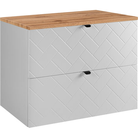 Furnidea - Meuble sous vasque MADIS BLANC 80 cm avec le plan CHÊNE - 2 tiroirs, façades motif chevron, design moderne