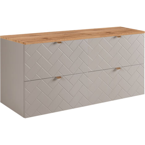 Furnidea - Meuble sous vasque MADIS CACHEMIRE 120 cm avec le plan CHÊNE - 4 tiroirs, façades motif chevron, design moderne