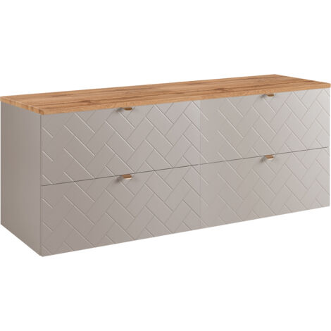 Furnidea - Meuble sous vasque MADIS CACHEMIRE 160 cm avec le plan CHÊNE - 4 tiroirs, façades motif chevron, design moderne