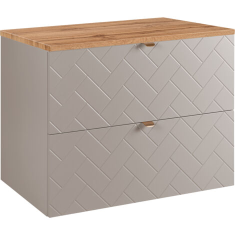 Furnidea - Meuble sous vasque MADIS CACHEMIRE 80 cm avec le plan CHÊNE - 2 tiroirs, façades motif chevron, design moderne