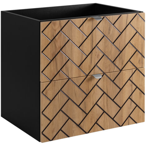 Furnidea - Meuble sous vasque MADIS CHÊNE et NOIR 60 cm S - 2 tiroirs, façades motif chevron, design moderne