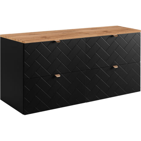 Furnidea - Meuble sous vasque MADIS NOIR 120 cm avec le plan CHÊNE - 4 tiroirs, façades motif chevron, design moderne