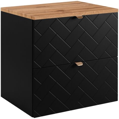 Furnidea - Meuble sous vasque MADIS NOIR 60 cm avec le plan CHÊNE - 2 tiroirs, façades motif chevron, design moderne