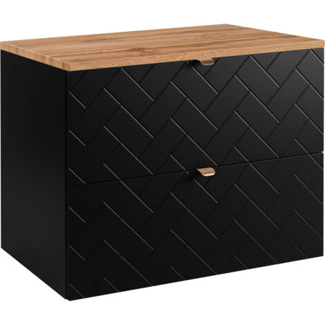 Furnidea - Meuble sous vasque MADIS NOIR 80 cm avec le plan CHÊNE - 2 tiroirs, façades motif chevron, design moderne