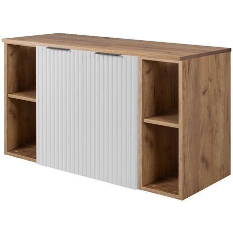 Furnidea - Meuble sous vasque suspendu FLOW BLANC 100 cm avec 2 x l'étagères - extensions et plan CHÊNE - 2 portes - façades rainurées