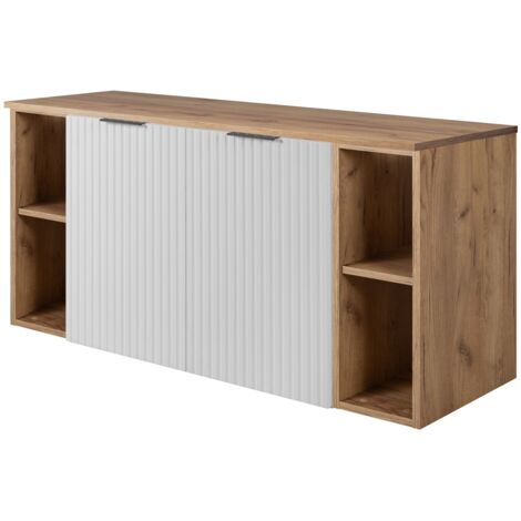 Furnidea - Meuble sous vasque suspendu FLOW BLANC 120 cm avec 2 x l'étagères - extensions et plan CHÊNE - 2 portes - façades rainurées