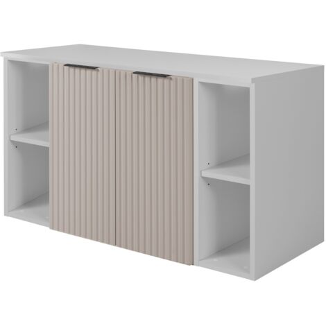 Furnidea - Meuble sous vasque suspendu FLOW CACHEMIIRE 100 cm avec 2 x l'étagères - extensions et plan BLANC - 2 portes - façades rainurées