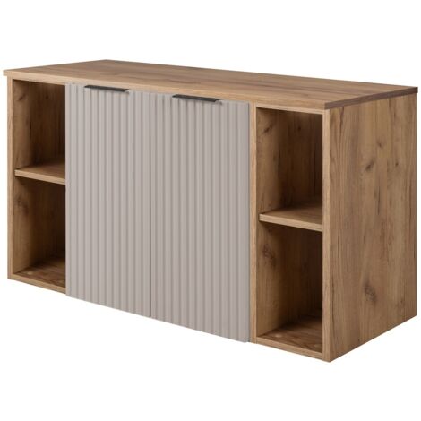 Furnidea - Meuble sous vasque suspendu FLOW CACHEMIRE 100 cm avec 2 x l'étagères - extensions et plan CHÊNE - 2 portes - façades rainurées