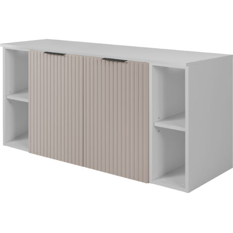 Furnidea - Meuble sous vasque suspendu FLOW CACHEMIRE 120 cm avec 2 x l'étagères - extensions et plan BLANC - 2 portes - façades rainurées
