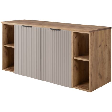 Furnidea - Meuble sous vasque suspendu FLOW CACHEMIRE 120 cm avec 2 x l'étagères - extensions et plan CHÊNE - 2 portes - façades rainurées
