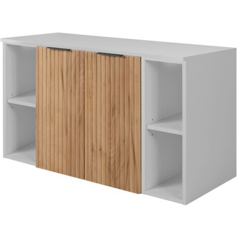 Furnidea - Meuble sous vasque suspendu FLOW CHÊNE 100 cm avec 2 x l'étagères - extensions et plan BLANC - 2 portes - façades rainurées