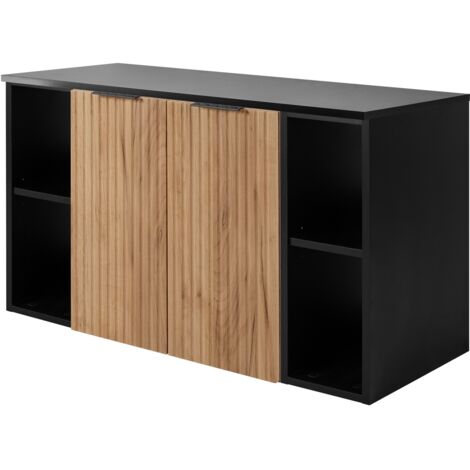 Furnidea - Meuble sous vasque suspendu FLOW CHÊNE 100 cm avec 2 x l'étagères - extensions et plan NOIR - 2 portes - façades rainurées