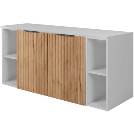 Furnidea - Meuble sous vasque suspendu FLOW CHÊNE 120 cm avec 2 x l'étagères - extensions et plan BLANC - 2 portes - façades rainurées
