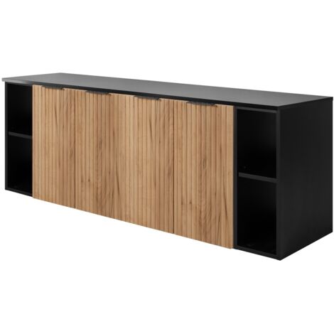 Furnidea - Meuble sous vasque suspendu FLOW CHÊNE 160 cm avec 2 x l'étagères - extensions et plan NOIR - 4 portes - façades rainurées