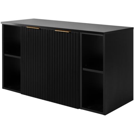 Furnidea - Meuble sous vasque suspendu FLOW NOIR 100 cm avec 2 x l'étagères - extensions et plan - 2 portes - façades rainurées