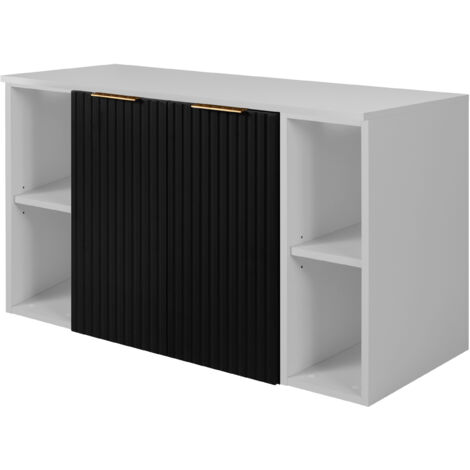 Furnidea - Meuble sous vasque suspendu FLOW NOIR 100 cm avec 2 x l'étagères - extensions et plan BLANC - 2 portes - façades rainurées