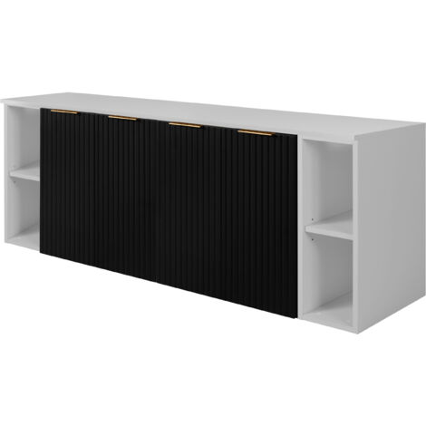 Furnidea - Meuble sous vasque suspendu FLOW NOIR 160 cm avec 2 x l'étagères - extensions et plan BLANC - 4 portes - façades rainurées