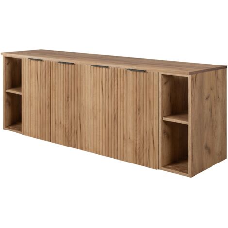 Furnidea - Meuble sous vasque suspendue FLOW CHÊNE 160 cm avec 2 x l'étagères - extensions et plan - 4 portes - façades rainurées