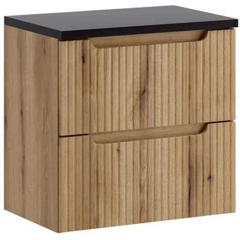Furnidea - Meuble suspendu sous vasque 60 cm avec plan noir et 2 tiroirs NOVA chêne Coast Evoke