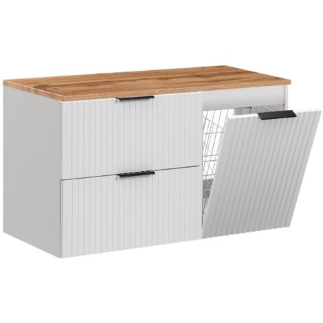 Furnidea - Meuble suspendu sous vasque ADEL BLANC 100 cm avec panier à linge et plan chêne - 2 tiroirs - Façades rainurées