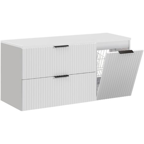 Furnidea - Meuble suspendu sous vasque ADEL BLANC 120 cm avec panier à linge et plan - 2 tiroirs - Façades rainurées