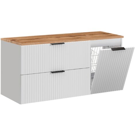 Furnidea - Meuble suspendu sous vasque ADEL BLANC 120 cm avec panier à linge et plan chêne - 2 tiroirs - Façades rainurées