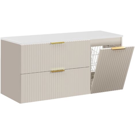 Furnidea - Meuble suspendu sous vasque ADEL CACHEMIRE 120 cm avec panier à linge et plan blanc - 2 tiroirs - Façades rainurées