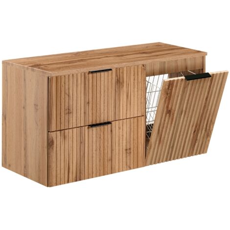 Furnidea - Meuble suspendu sous vasque ADEL CHÊNE 100 cm avec panier à linge et plan - 2 tiroirs - Façades rainurées