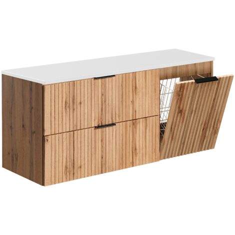 Furnidea - Meuble suspendu sous vasque ADEL CHÊNE 120 cm avec panier à linge et plan blanc - 2 tiroirs - Façades rainurées