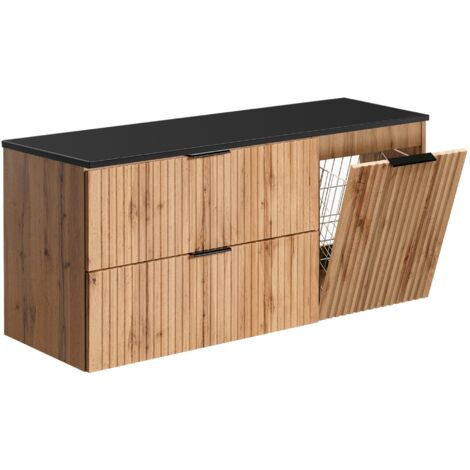 Furnidea - Meuble suspendu sous vasque ADEL CHÊNE 120 cm avec panier à linge et plan noir - 2 tiroirs - Façades rainurées