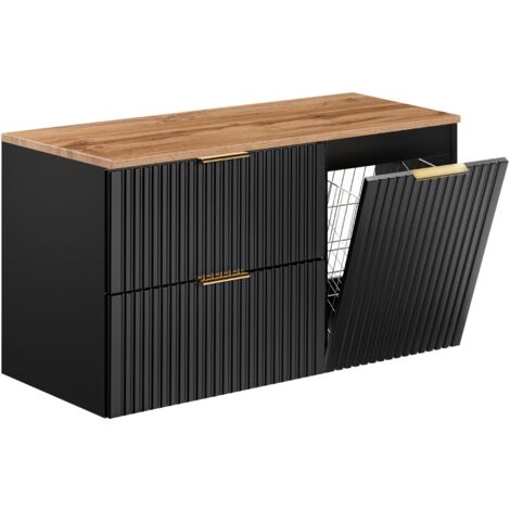 Furnidea - Meuble suspendu sous vasque ADEL NOIR 100 cm avec panier à linge et plan chêne - 2 tiroirs - Façades rainurées