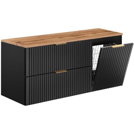 Furnidea - Meuble suspendu sous vasque ADEL NOIR 120 cm avec panier à linge et plan chêne - 2 tiroirs - Façades rainurées