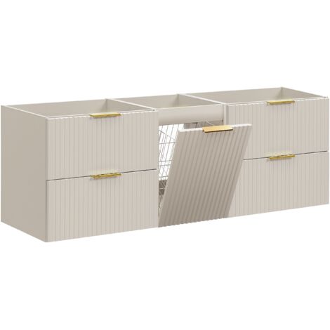 Furnidea - Meuble suspendu sous vasque avec panier à linge ADEL CACHEMIRE 160 cm - 4 tiroirs - Façades rainurées