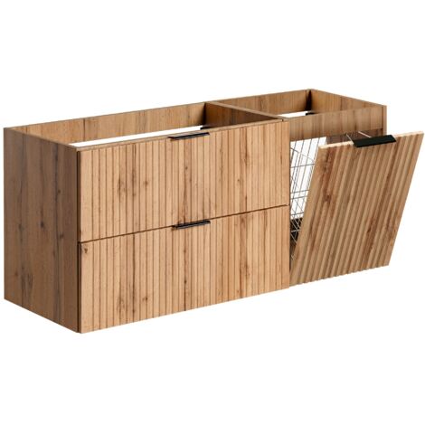 Furnidea - Meuble suspendu sous vasque avec panier à linge ADEL CHÊNE 120 cm - 2 tiroirs - Façades rainurées