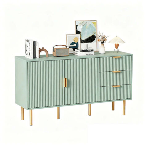 FURNITURE HMD 2 Door 3 Drawer Sideboard Storage Organizer Cupboard Cabinet Wooden Dresser for Kitchen Dining Living Room Hallway,Metal Handles,Green,140x40x78cm