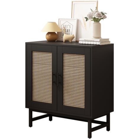FURNITURE HMD 2 Door Sideboard Cabinet Cupboard with Metal Frame,Wooden Storage Unit for Living Room/Bedroom/Kitchen,Rattan Style,77x37x80cm