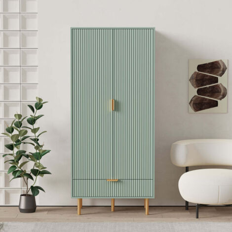 FURNITURE HMD 2 Door Wardrobe Cabinet with 1 Drawer, Clothes Closet Storage Organiser,Hanging Rail, Large Drawer Dresser Clothes Storage Unit for Bedroom Furniture,Gold Legs,Modern Design,Green,80x50x