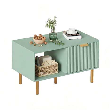 FURNITURE HMD Coffee Table with 1 Storage Drawer Wooden Rectangle Sofa Side Table with Open Shelf for Living room Bedroom Lounge,Space Saving, Gold Metal Legs,Green,87x50x50cm
