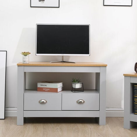 FURNITURE HMD Corner TV Stand Cabinet TV Unit with 2 Drawers,Grey-85x39x58cm(WxDxH)