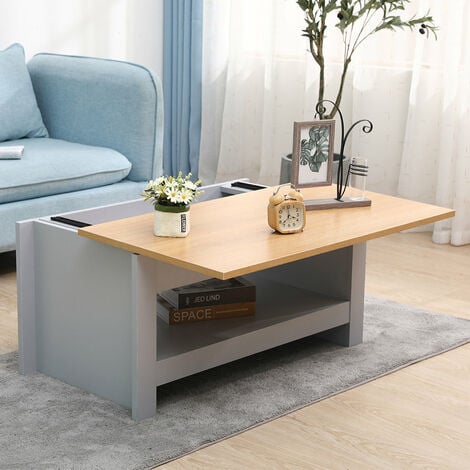 FURNITURE HMD Grey Coffee Table with Storage,Small Side Table,Living Room Coffee Tables with Sliding Top,85x47x42cm(WxDxH)