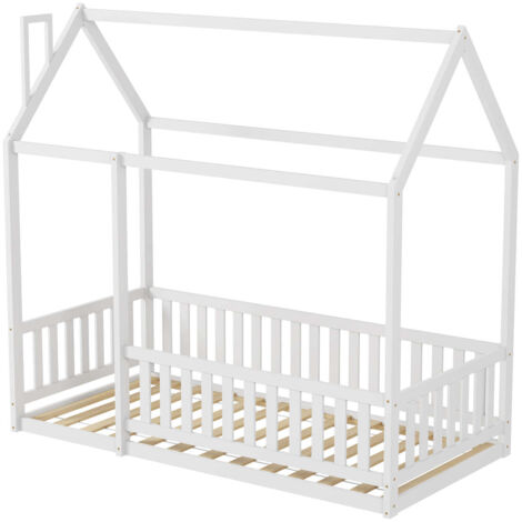 FURNITURE HMD Kids Single Bed Frame Children’s House Bed Frame with Protection,Solid Pine Wood White Floor Bed for Toddlers and Children